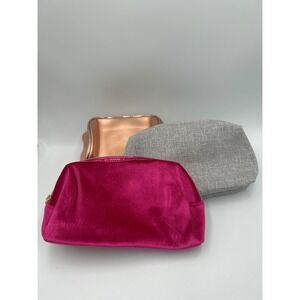 Lancome Makeup Bag Set 3pc Pink Velvet Grey Rose Gold Metallic Cosmetic Pouch